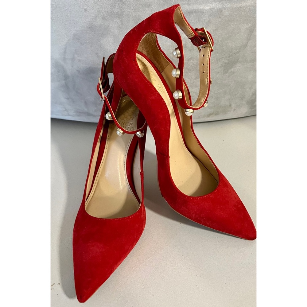 Vince Camuto Jassita Red Suede Jeweled Pearl Ankle Strap Pump - Size 7-1/2